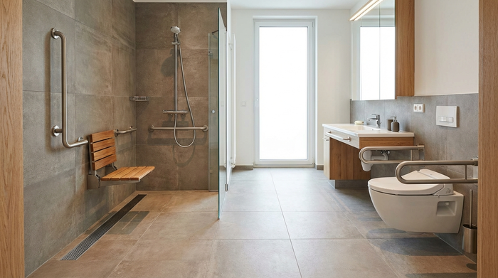 Modernes, barrierefreies Badezimmer mit ebenerdiger Dusche und Haltegriffen