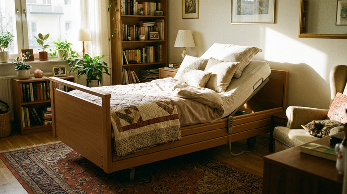 Elektrisch verstellbares Pflegebett in gemütlichem Schlafzimmer