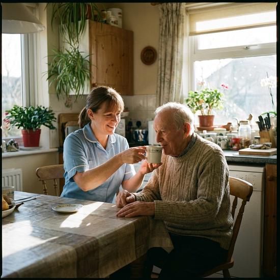 Freundliche Pflegerin hilft Senior am Küchentisch beim Trinken