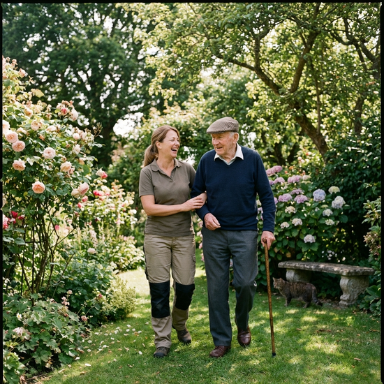 Pflegekraft und Senior beim gemeinsamen Spaziergang im Garten