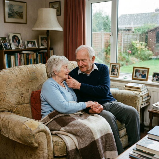 Älteres Paar sitzt im Wohnzimmer und hält sich an den Händen, tröstende Geste