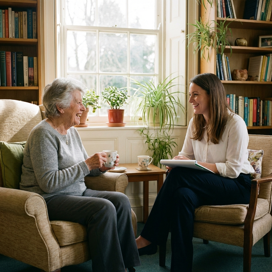 Seniorin im Gespräch mit einer Beraterin in freundlicher Atmosphäre