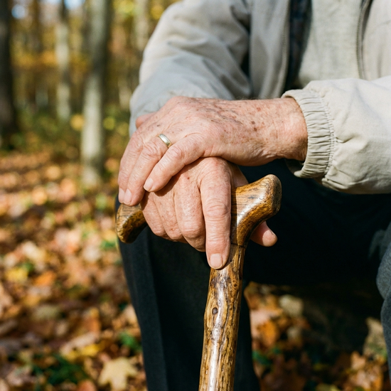 Nahaufnahme von Händen eines Seniors, die ruhig auf einem Spazierstock ruhen