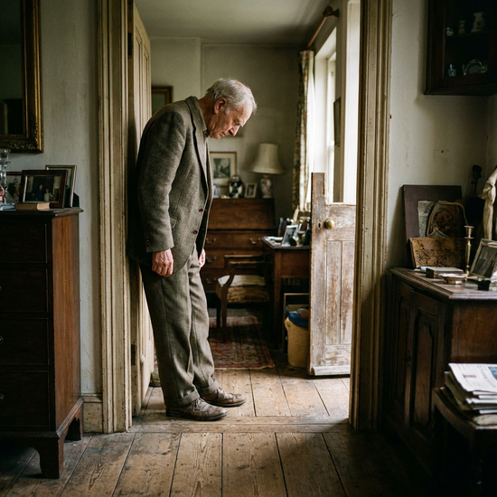 Senior steht zögernd vor einem Türrahmen, Blick auf die Füße gerichtet
