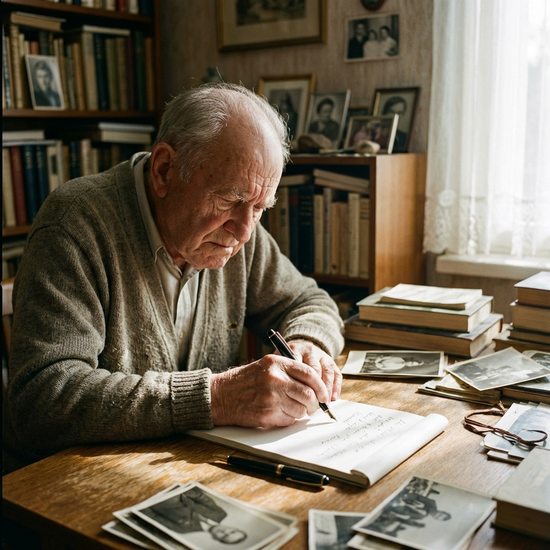 Älterer Herr sitzt am Tisch und versucht mit zitternder Hand zu schreiben