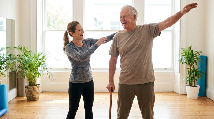 Physiotherapeutin übt mit Senior große Armbewegungen im Stehen