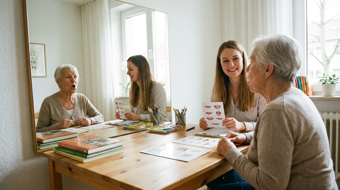 Seniorin bei der Logopädie, übt Sprechübungen vor einem Spiegel