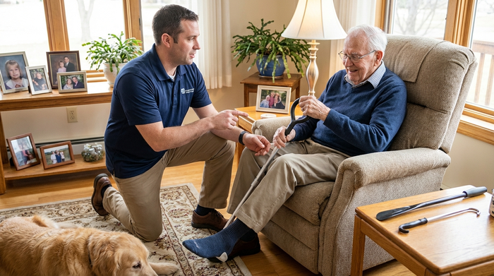 Ergotherapeut zeigt älterem Herrn den Umgang mit einer Anziehhilfe