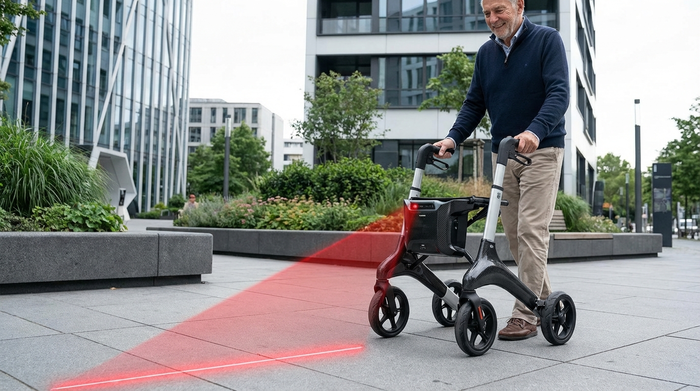Moderner Parkinson-Rollator mit rotem Laserlicht am Boden