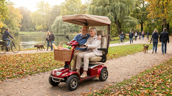 Komfortabler Elektromobil-Scooter auf einem Gehweg im Park