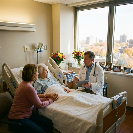 Arzt im Gespräch mit Patient und Angehöriger im Krankenzimmer