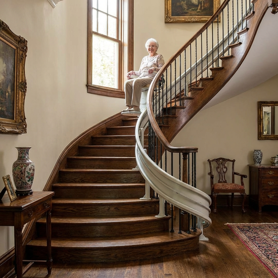 Treppenlift fährt an einer kurvigen Treppe entlang