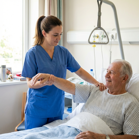 Physiotherapeutin mobilisiert den Arm eines Patienten im Bett