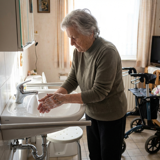 Ältere Dame steht am Waschbecken und wäscht sich die Hände, Fokus auf Selbstständigkeit