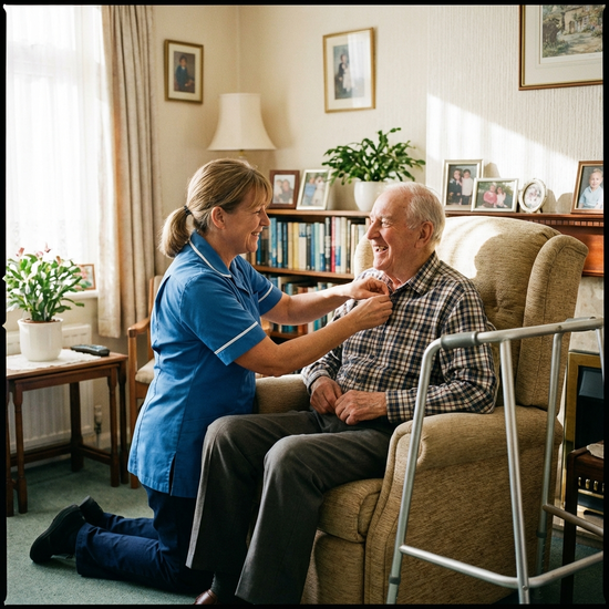 Pflegerin hilft älterem Herrn beim Zuknöpfen des Hemdes