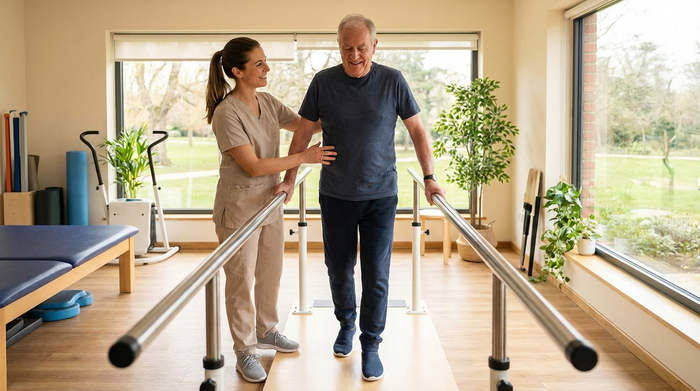 Physiotherapeutin unterstützt Patient beim Gehen an einem Barren