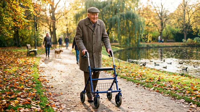 Senior geht sicher mit Rollator durch einen Park