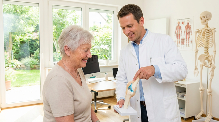 Arzt erklärt einer Seniorin anhand eines Kniegelenk-Modells die Knorpelstrukturen in einer hellen Praxis