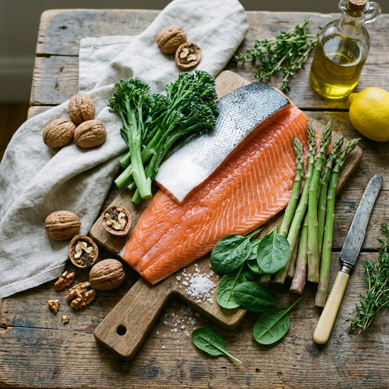 Frischer Lachs, Walnüsse und grünes Gemüse auf einem Holztisch arrangiert