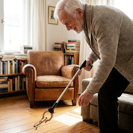 Senior nutzt eine Greifhilfe um einen Gegenstand vom Boden aufzuheben