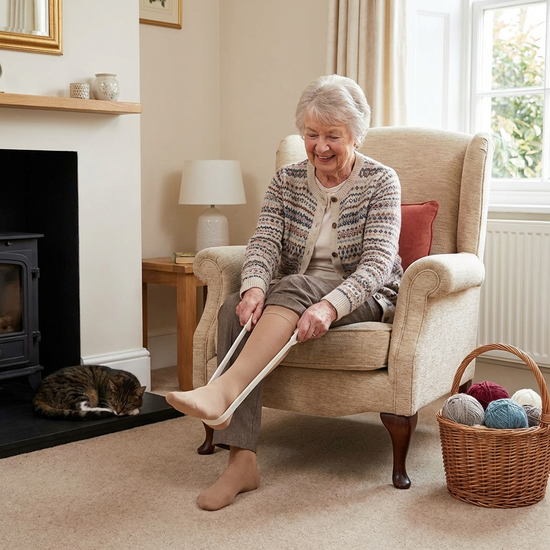 Ältere Dame zieht sich mit einer Strumpfanziehhilfe bequem Socken an