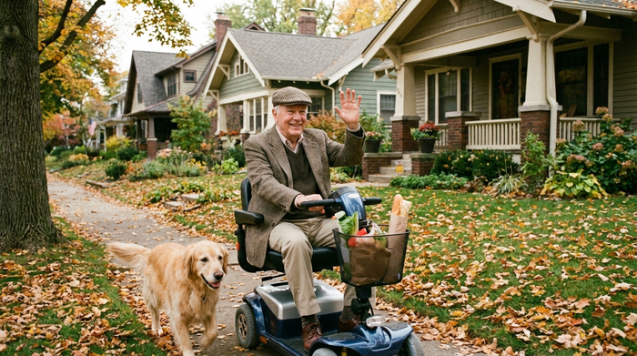 Senior auf einem Elektromobil bei einer Fahrt durch die Nachbarschaft