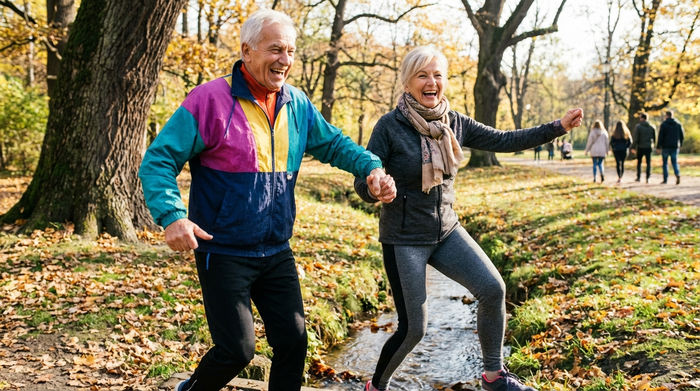 Glückliches Seniorenpaar beim Spaziergang im Park, vital und beweglich