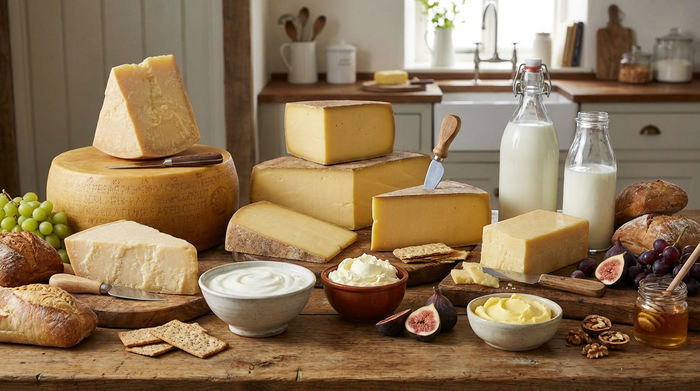 Auswahl an Hartkäse und Milchprodukten auf einem Tisch