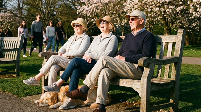 Senioren genießen Sonne auf einer Parkbank