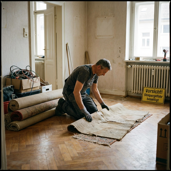Handwerker entfernt lose Teppiche und Stolperfallen