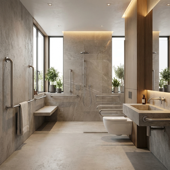 Modernes Badezimmer mit stabilen Haltegriffen an der Wand