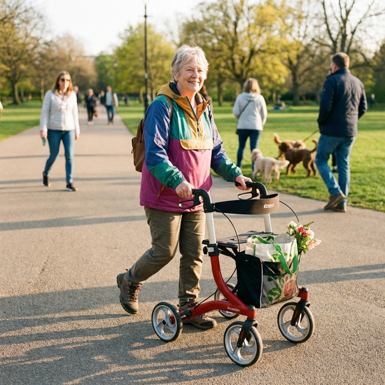 Seniorin geht sicher mit einem Rollator spazieren