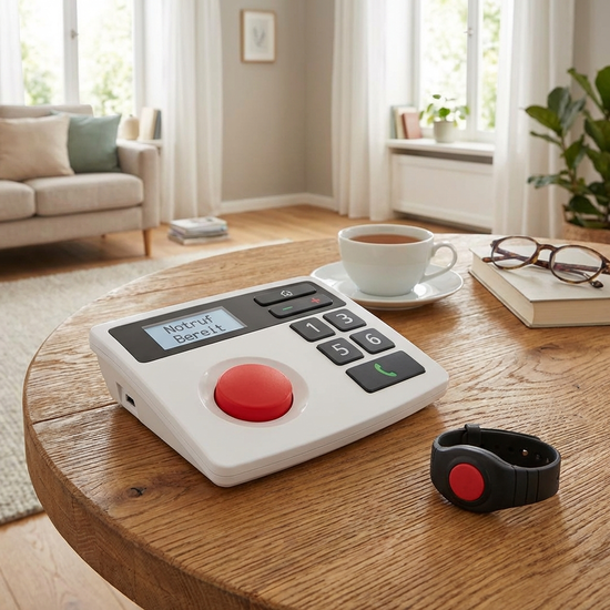 Hausnotruf-Gerät mit rotem Knopf auf einem Tisch