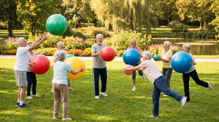 Seniorengruppe bei leichter Gymnastik mit Bällen im Park