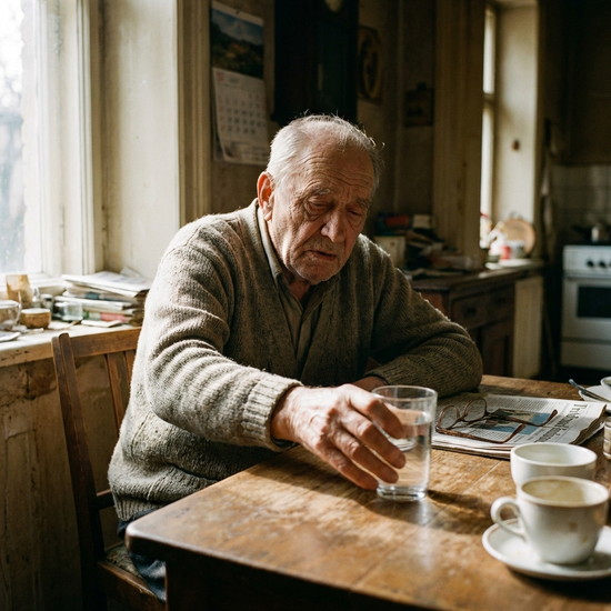 Älterer Herr sitzt am Tisch und greift nach einem Wasserglas, wirkt etwas erschöpft.