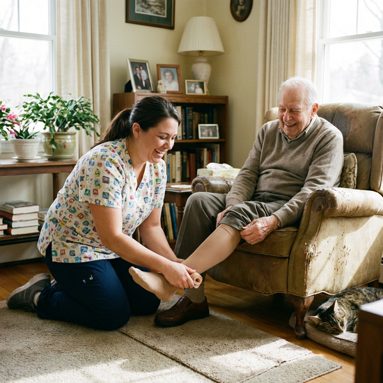 Freundliche Pflegerin hilft einem älteren Herrn beim Anziehen von Kompressionsstrümpfen.