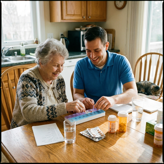 Seniorin und Pfleger sortieren gemeinsam Medikamente in eine Dosierbox am Küchentisch.