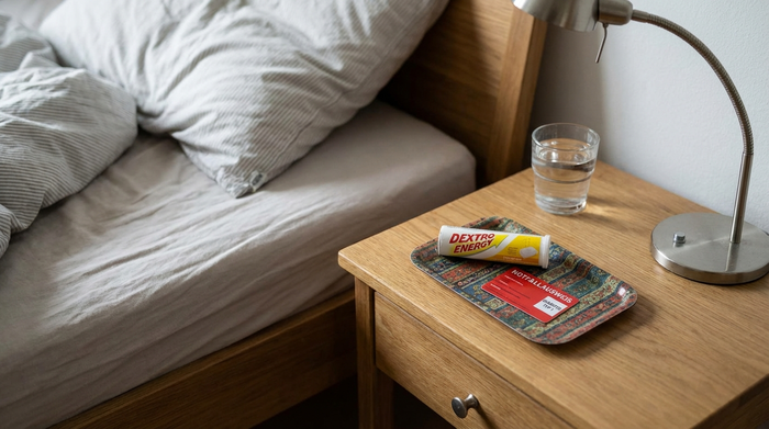 Traubenzucker und ein Notfallausweis liegen griffbereit auf dem Nachttisch neben dem Bett.