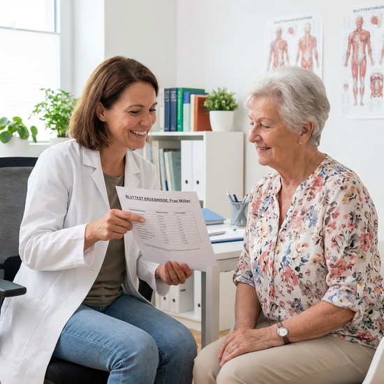 Ärztin im freundlichen Gespräch mit einer Seniorin, erklärt Testergebnisse auf einem Blatt Papier.