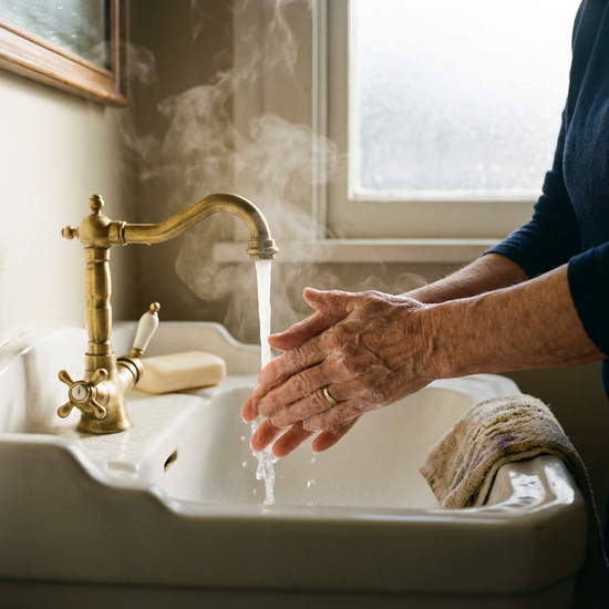 Hände einer Seniorin beim Händewaschen mit Seife unter warmem Wasser im Badezimmer.