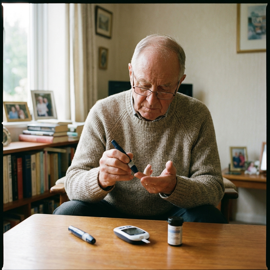 Senior führt konzentriert eine Blutzuckermessung am Finger durch, Messgerät liegt auf dem Tisch.