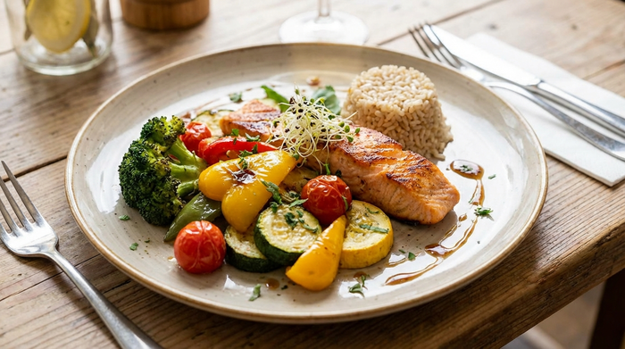 Teller mit viel Gemüse, etwas Fisch und einer kleinen Portion Vollkornreis, appetitlich angerichtet.