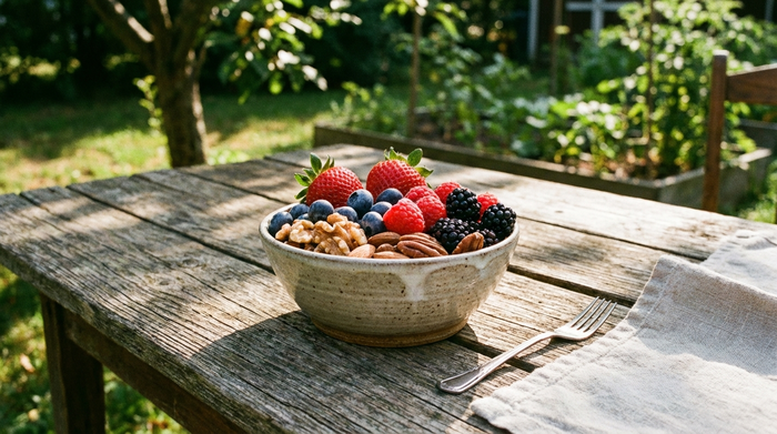 Kleine Schale mit frischen Beeren und Nüssen auf einem Holztisch.