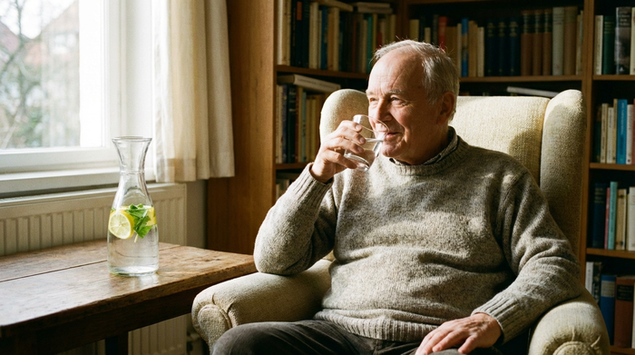 Senior trinkt entspannt ein Glas Wasser, eine Wasserkaraffe steht bereit.