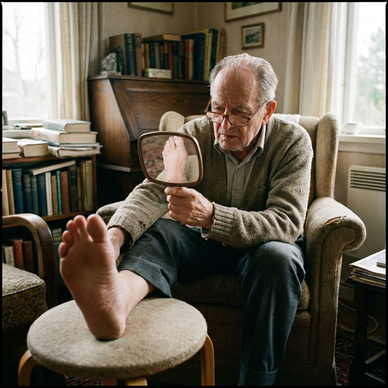 Senior schaut sich konzentriert mithilfe eines Handspiegels seine Fußsohlen an.