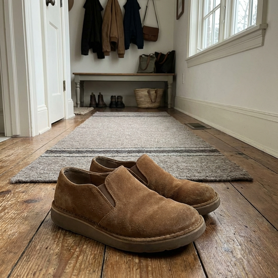 Bequeme, weite Schuhe stehen ordentlich im Flur, bereit zum Anziehen.