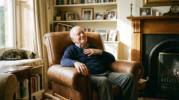 Älterer Herr sitzt erschöpft aber ruhig im Sessel, hält eine Hand auf der Brust, entspannte Wohnzimmeratmosphäre