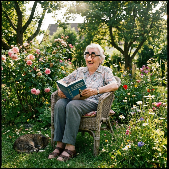 Seniorin mit Nasenbrille liest entspannt ein Buch im Garten