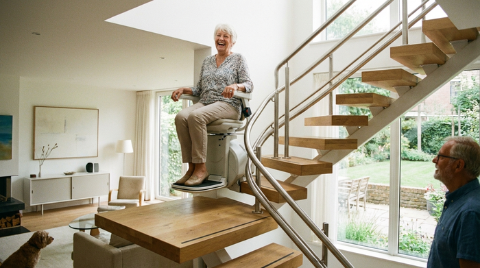 Moderner Treppenlift transportiert lächelnde Seniorin die Treppe hinauf