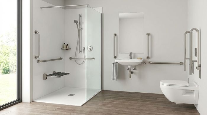 Barrierefreies Badezimmer mit ebenerdiger Dusche und Haltegriffen